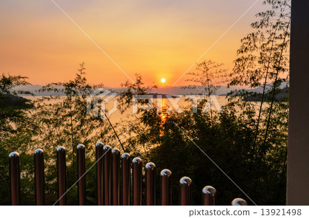 High angle view beautiful lake at sunset from resort 13921498