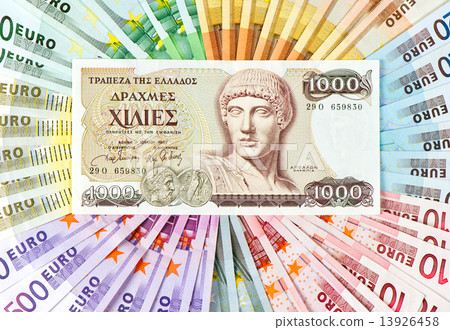 old greek drachma and euro cash notes. euro crisis old greek drachma and euro cash notes. euro crisis 13926458