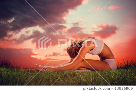Composite image of gorgeous fit blonde in seated forward bend po Composite image of gorgeous fit blonde in seated forward bend po 13926909