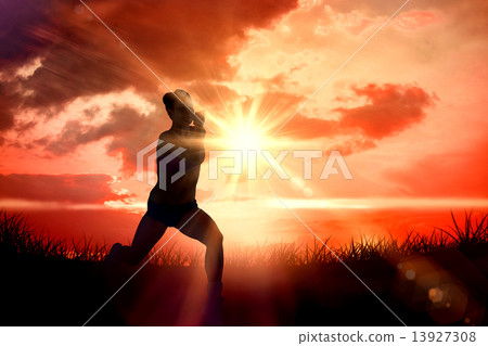 Composite image of fit brunette running and jumping 13927308