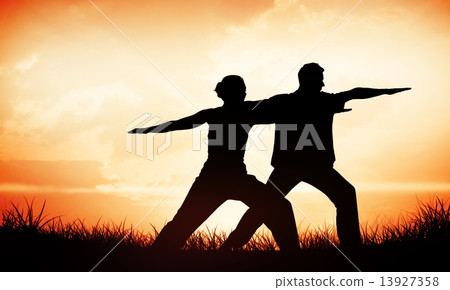 Composite image of peaceful couple in white doing yoga together Composite image of peaceful couple in white doing yoga together 13927358