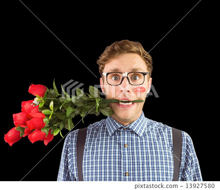 Composite image of geeky hipster biting a bunch of roses Composite image of geeky hipster biting a bunch of roses 13927580