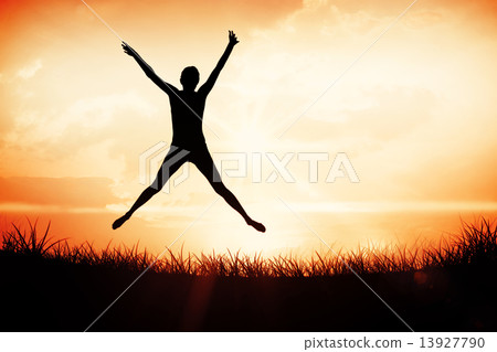 Composite image of full length of a sporty young woman jumping Composite image of full length of a sporty young woman jumping 13927790