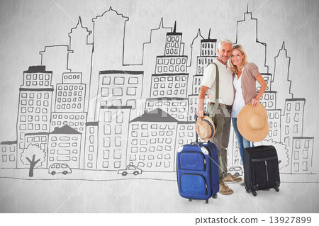 Composite image of happy couple ready to go on holiday Composite image of happy couple ready to go on holiday 13927899