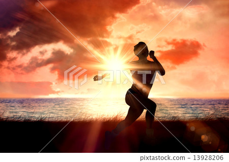 Composite image of fit brunette running and jumping 13928206