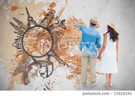 Composite image of happy hipster couple holding hands and lookin 13928342