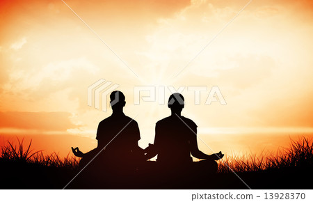 Composite image of attractive couple in white meditating in lotu Composite image of attractive couple in white meditating in lotu 13928370