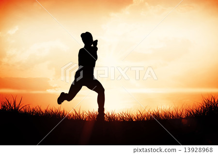 Composite image of fit brunette running and jumping 13928968