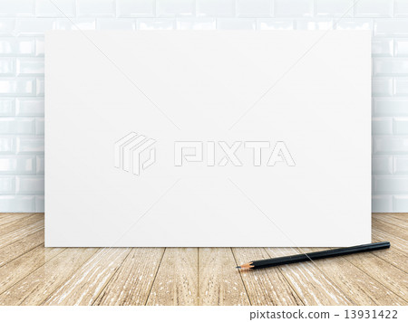 Poster frame at tiles ceramic wall and wooden floor Poster frame at tiles ceramic wall and wooden floor 13931422