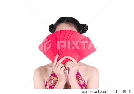 pretty chinese young woman holding red bags close her face for h pretty chinese young woman holding red bags close her face for h 13934968