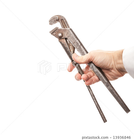 Steel screw wrench in male hand isolated on white 13936846