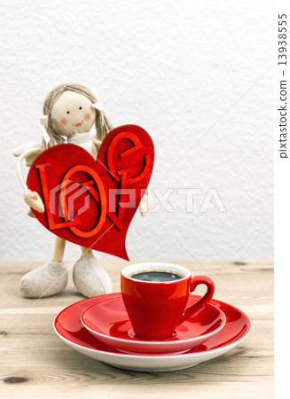 Coffee and Valentines Day decoration. Doll girl with LOVE 13938555