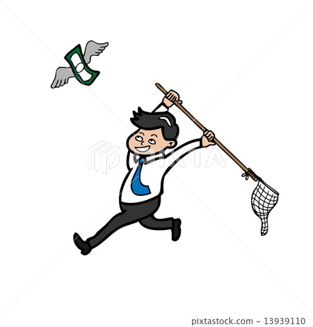 Businessman catching flying bank note by net 13939110
