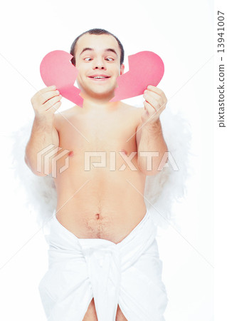 Little angel man with wings holding a paper heart Little angel man with wings holding a paper heart 13941007