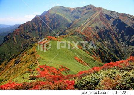 從山上看到的谷川山，Ichinourakadake，Mogura dake的山脊線。 13942203