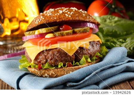 Burger with beer close up. 13942626