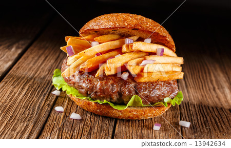 Burger with french fries. Close up. 13942634