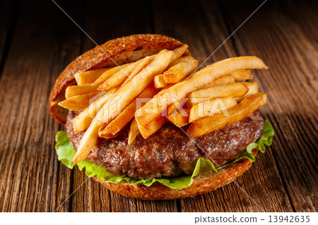 Burger with french fries. Close up. Burger with french fries. Close up. 13942635