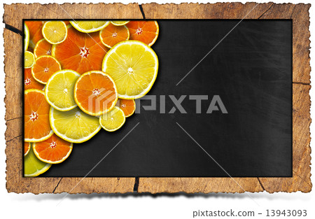 Blackboard with Wooden Frame and Fruit 13943093