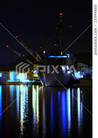 Yokosuka Port US Navy Aegis Ship Mustin Destroyer Night View Yokosuka Port US Navy Aegis Ship Mustin Destroyer Night View 13944660