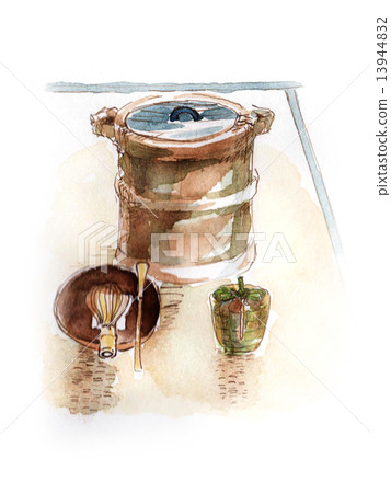 Tea ceremony Point Bismarckry Pitcher Water Finger Point Promotion Tea ceremony Tea ceremony Tea cup Matcha tea cup Matcha Japanese Bizen Bakimono Practice lesson Japanese style hospitality heart tea band tatami illustration hand-drawn watercolor background 13944832