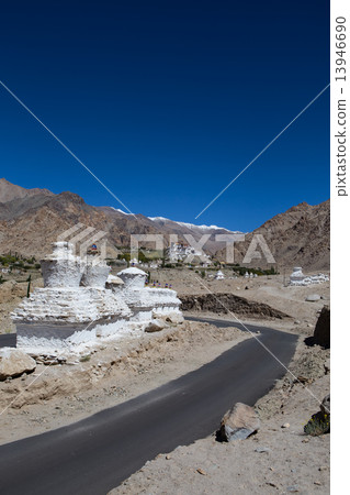 White Pagodas with Blue Sky, , in Leh - Ladakh, North of Indi White Pagodas with Blue Sky, , in Leh - Ladakh, North of Indi 13946690