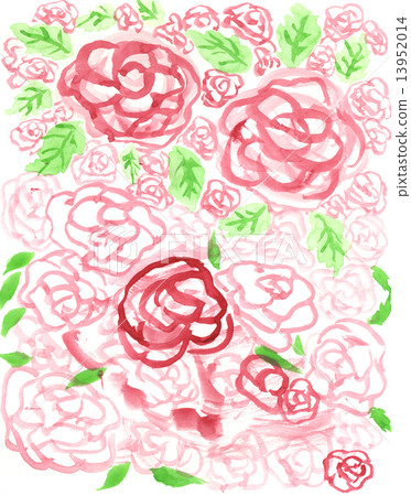 紅玫瑰和綠色葉子手畫水彩紋理 13952014