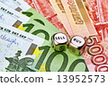 Dices cubes, EUR and Russian RUB baknotes as background 13952573