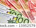 EUR and Russian RUB baknotes. Selective focus 13952579