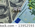 USD EUR banknotes, dices cubes. Selecnive focus 13952593