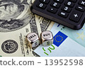 USD EUR banknotes, dices cubes, calculator 13952598
