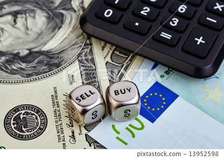 USD EUR banknotes, dices cubes, calculator USD EUR banknotes, dices cubes, calculator 13952598