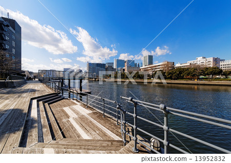 Tennozu Isle's board walk and blue sky 13952832