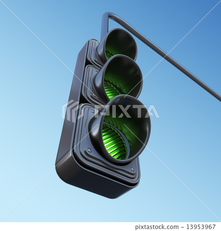 Green street traffic light on sky. 3D illustration 13953967