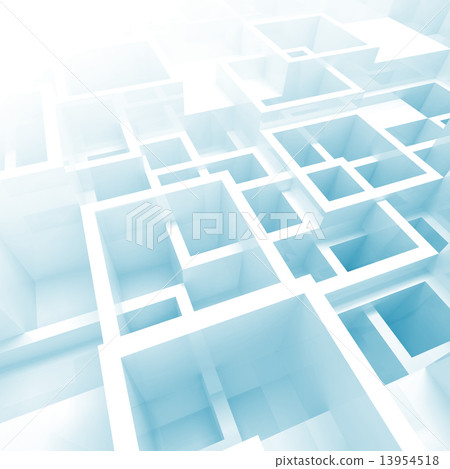3d interior with white and blue chaotic square cells 3d interior with white and blue chaotic square cells 13954518