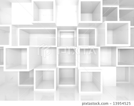 Empty 3d interior with white square shelves on the wall Empty 3d interior with white square shelves on the wall 13954525