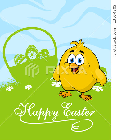 Easter card with decorated eggs and cute chicken 13954805