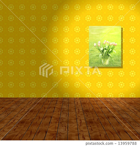 Empty room with yellow wall, wooden background and hook picture. Illustration. Empty room with yellow wall, wooden background and hook picture. Illustration. 13959788
