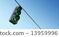 Green street traffic light on sky. 3D illustration 13959996