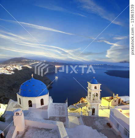 Santorini island with church in the evening, Fira, Greece 13963539
