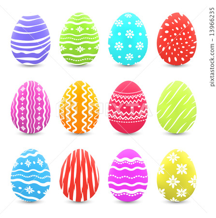 Easter many multicolored ornate eggs with shadows isolated on wh 13966235