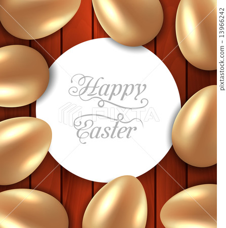 Congratulation card with Easter golden glossy eggs on wooden bac Congratulation card with Easter golden glossy eggs on wooden bac 13966242