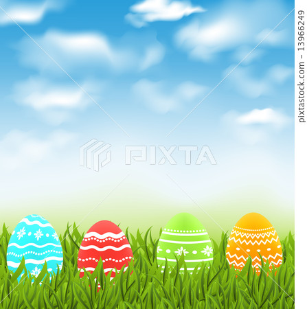 Easter natural landscape with traditional colorful eggs in grass 13966249