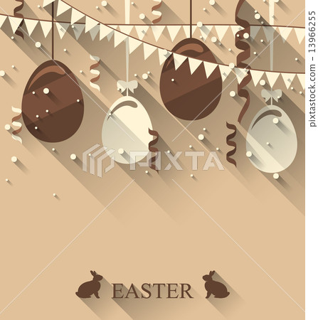 Easter background with chocolate eggs, serpentine and bunting fl 13966255