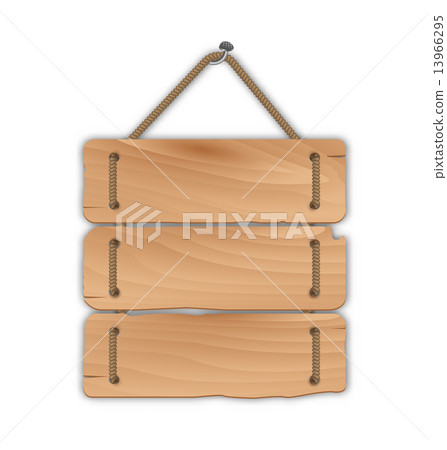 Wooden sign board with rope hanging on a nail 13966295