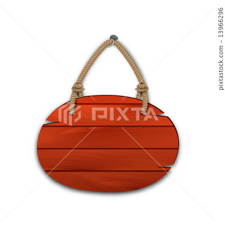 Round wooden billboard with rope hanging on a nail 13966296