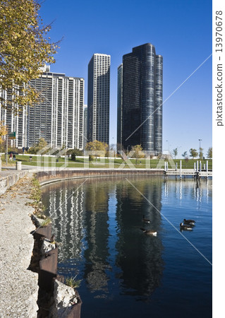 Lake Point Tower reflected in Lake Michigan Lake Point Tower reflected in Lake Michigan 13970678