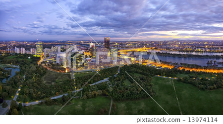 Donau City Vienna at the Danube river with the new DC-Tower Donau City Vienna at the Danube river with the new DC-Tower 13974114