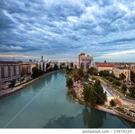 Vienna Danube Canal and the Herrmann beach bar at dusk Vienna Danube Canal and the Herrmann beach bar at dusk 13974224