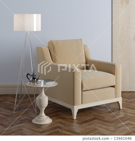 Textile beige armchair and wooden door in classic interior Textile beige armchair and wooden door in classic interior 13981046
